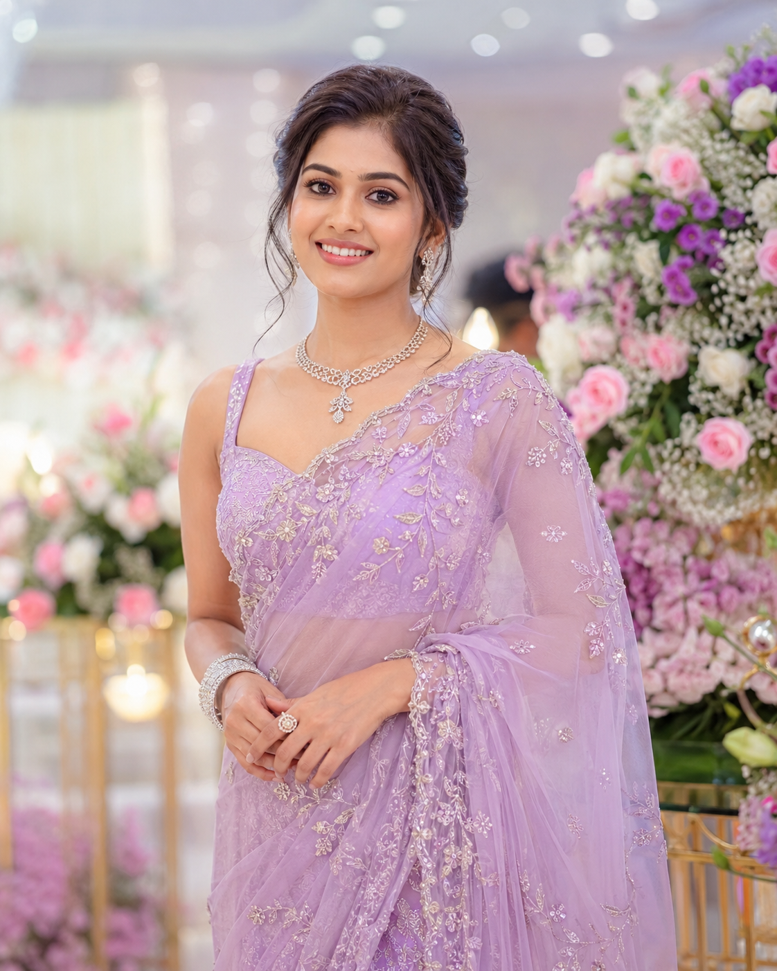 Soft champagne engagement makeup look in Trichy