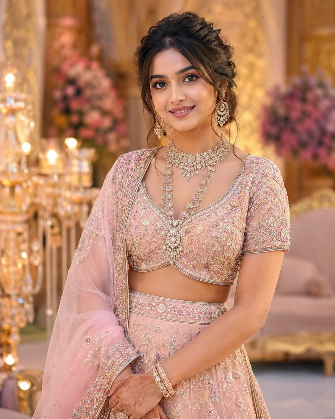Jewelled reception makeup look in Trichy